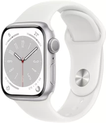 Смарт-часы Apple Watch Series 8 45 мм (алюминиевый корпус, серебристый/белый, спортивный силиконовый ремешок)